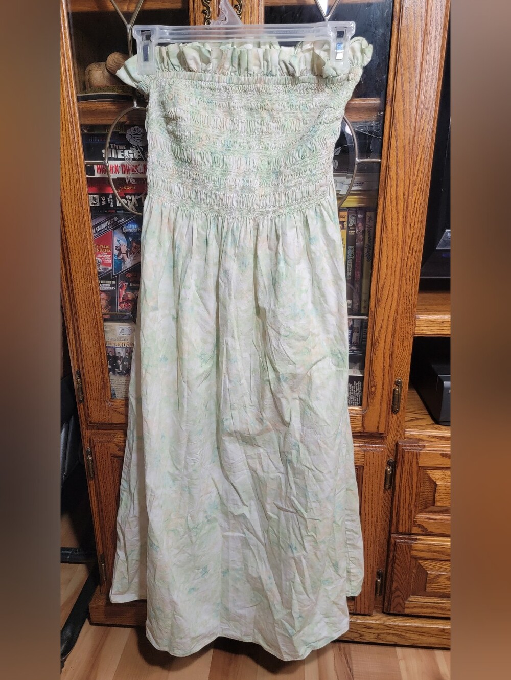 H&M Strapless Smocked Maxi Dress in Pale Green and Cream